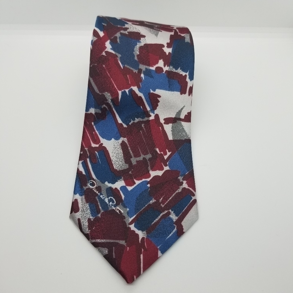 Oscar de la Renta Couture tie red blue silver brushmark 56.5 inch